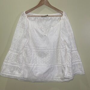 LAUREN Ralph Lauren White Off the Shoulder Eyelet Blouse, Large, Vacation, Sweet